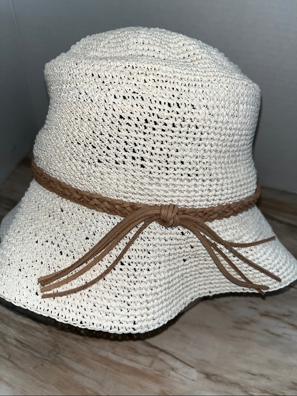 Talbots Cream Crochet  Bucket Sun Hat with Tan Braided Band
OS